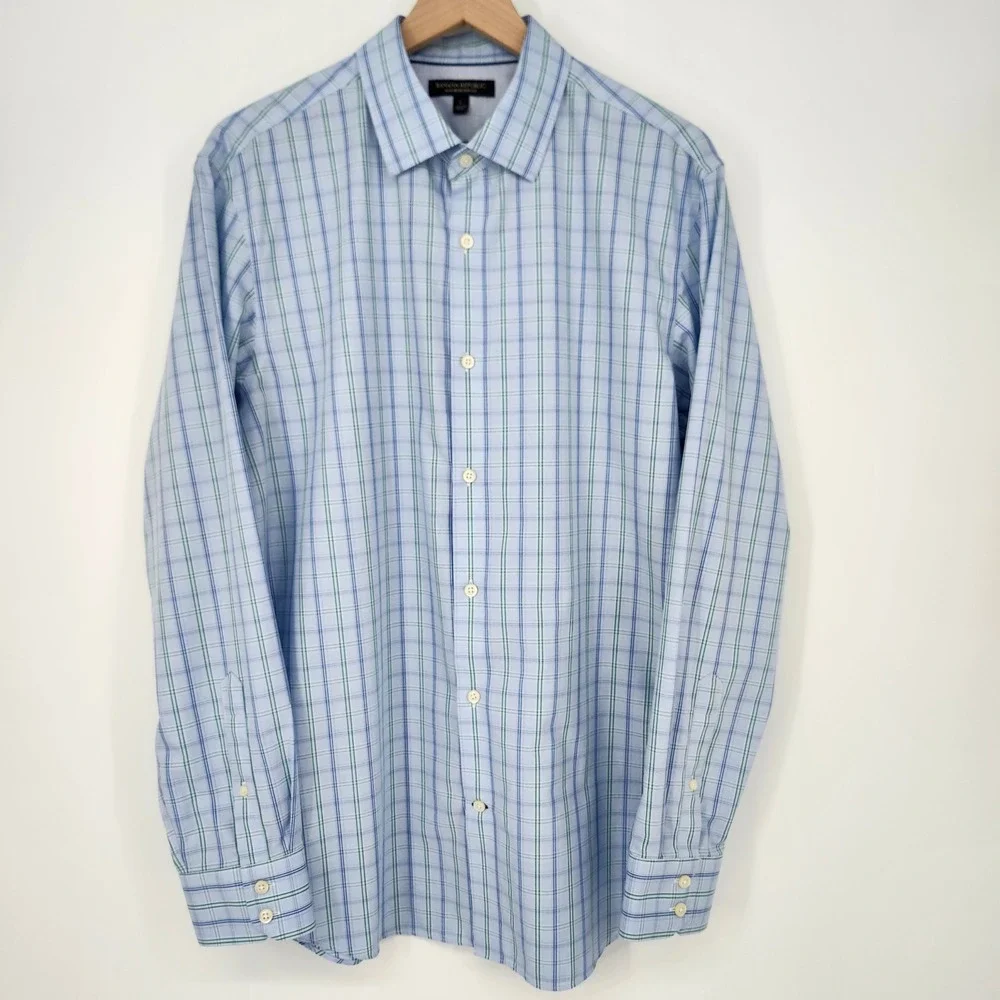 Banana Republic Mens Non Iron Slim Fit Dress Shirt Large Light‎ Blue Green Plaid